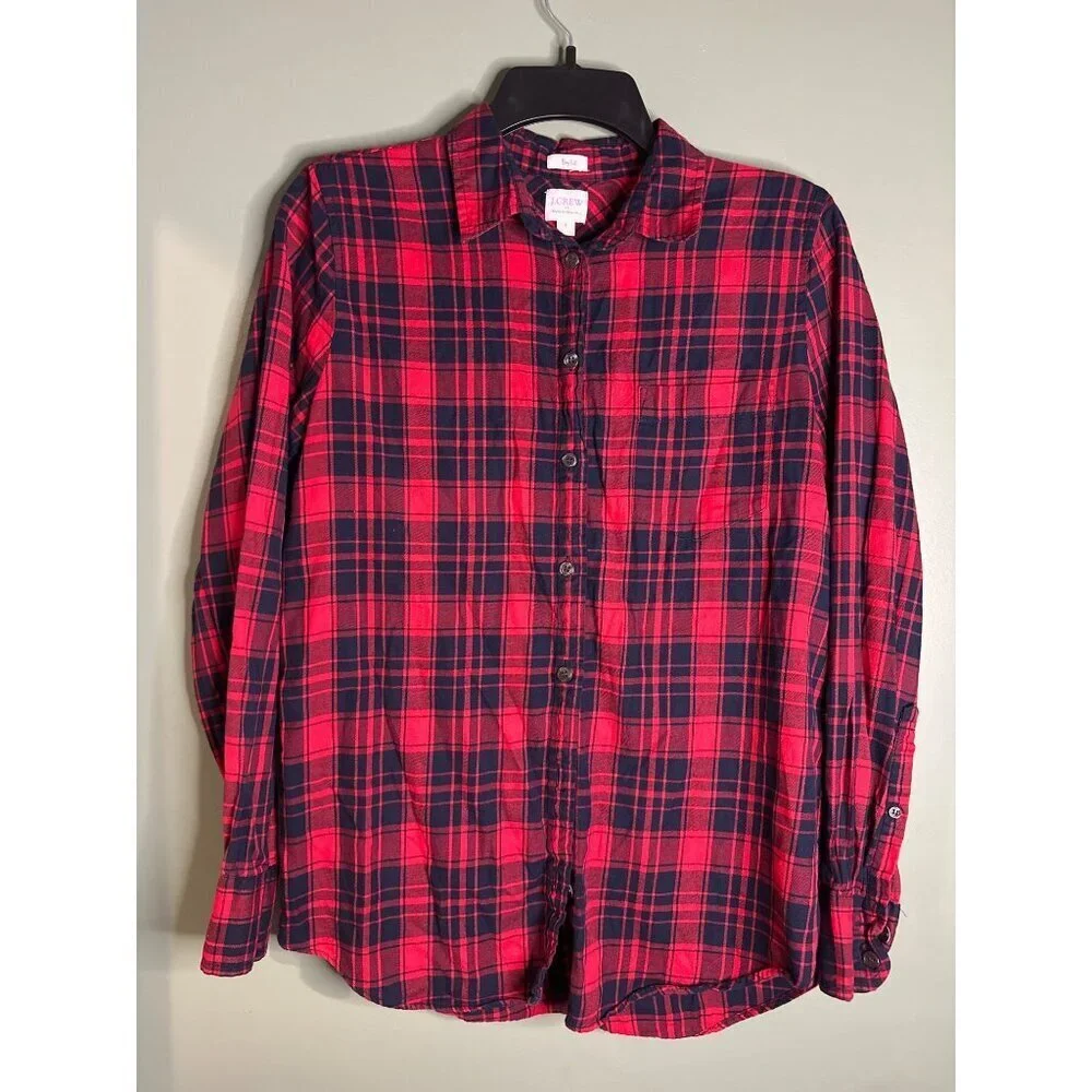 J.Crew Women’s S Red Navy Plaid 100% Cotton Button Down Soft Preppy Holiday